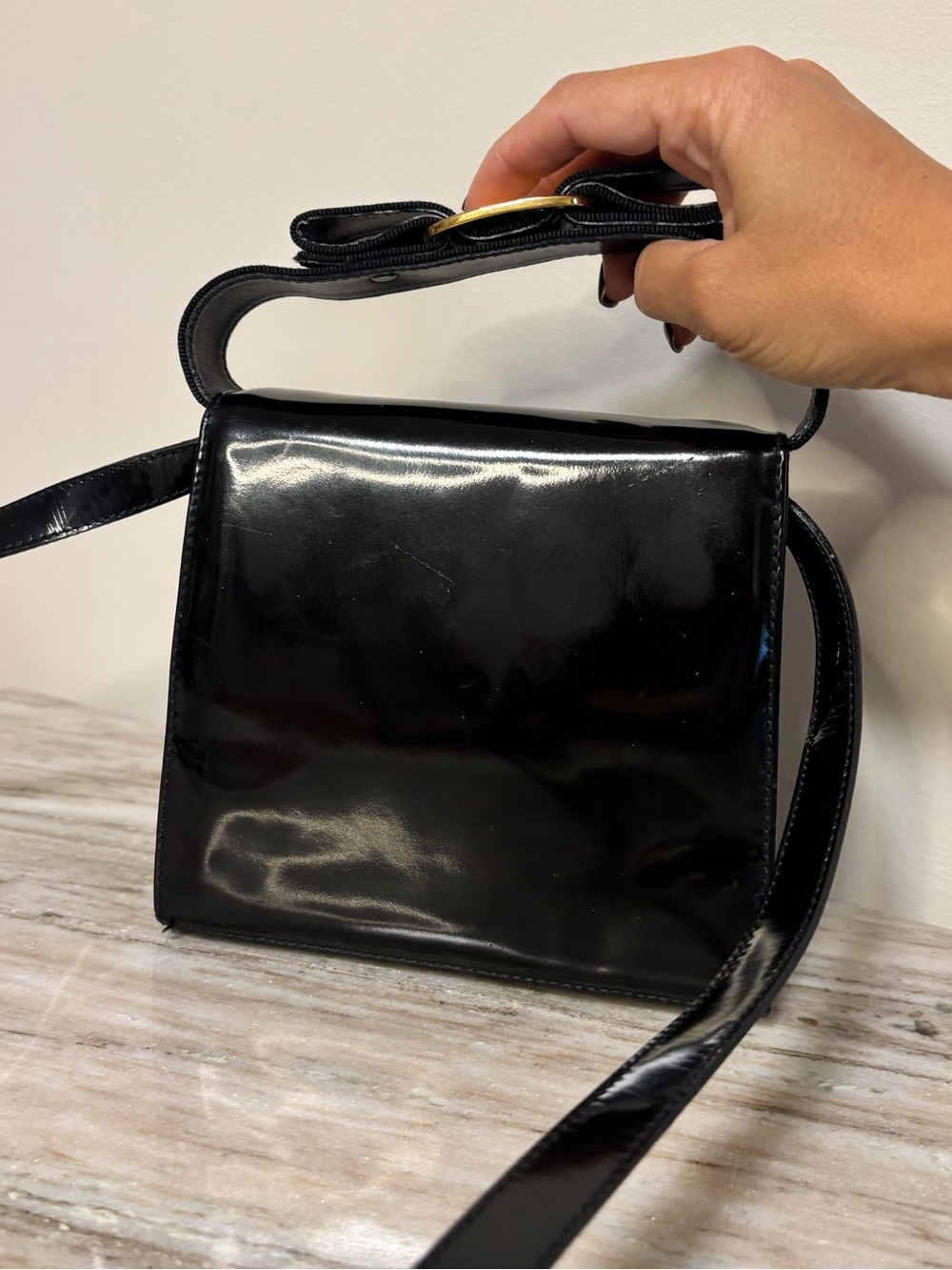 Salvatore Ferragamo Vara Bow Patent Leather Crossbody/Top Handle Bag Black Italy - Picture 9 of 16